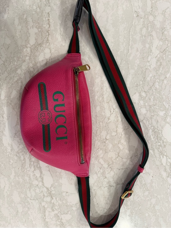 Gucci Handbags - Gucci Pink Leather Crossbody Belt Bag with Green-Red Stripe